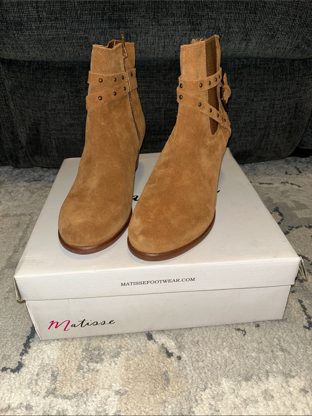 Matisse Cognac Suede Studded Ankle Booties